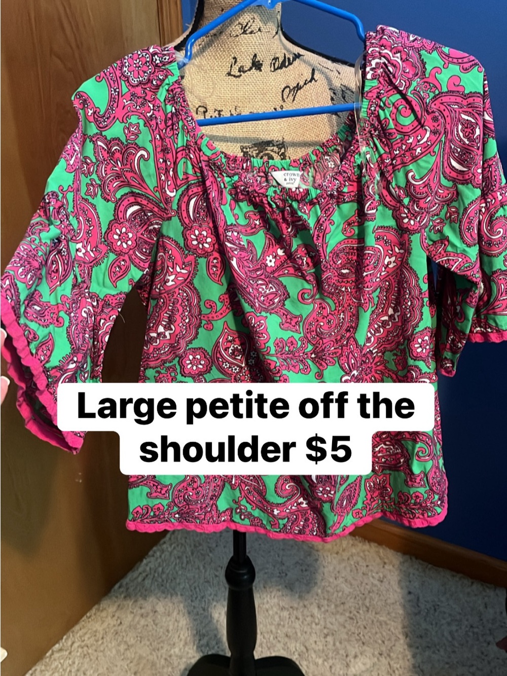 crown & ivy Pink and Green Paisley Off-the-Shoulder Blouse